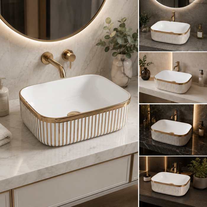 Designer Countertop Wash Basin | 16 × 12 × 6 Inch Luxury Bathroom Basin | Gold & Rose Gold Finish Variants Rose gold