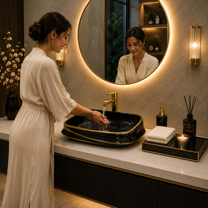 Bassino 25" x 18" Luxury Countertop Wash Basin – Premium Black & Gold Rectangular Ceramic Vessel Sink (24.6" x 17.7" x 5.9")