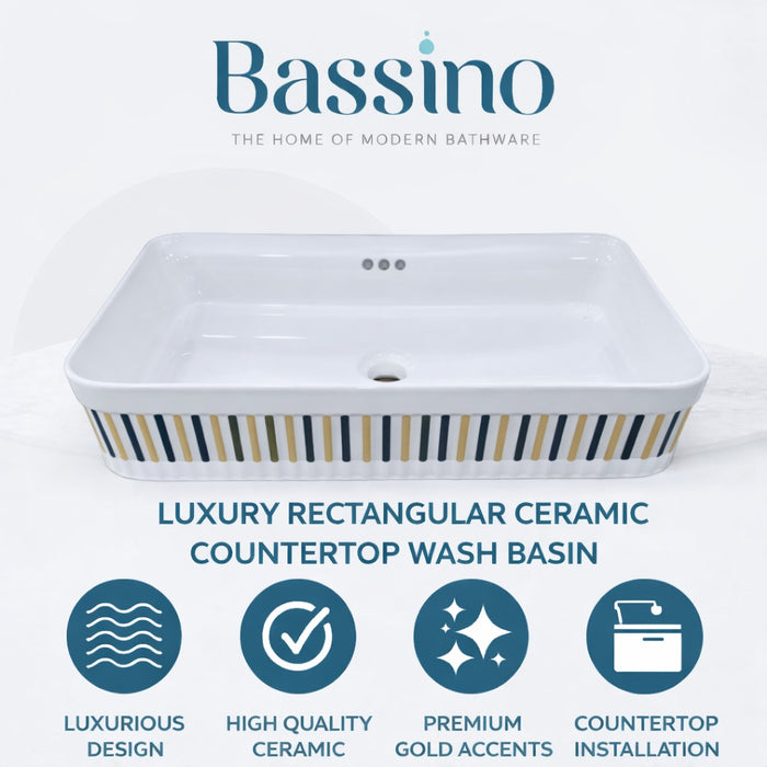 Bassino Luxury Designer Counter Top Wash Basin | Premium Rectangular Table Top Basin | Approx. 24 × 14 × 6 Inches White