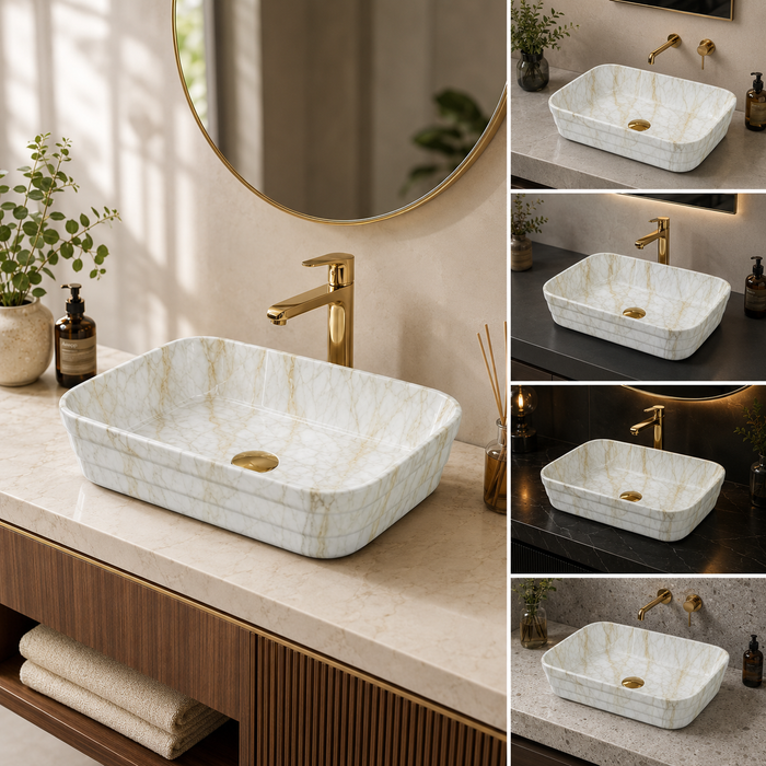 Glossy Marble Finish Rectangular Countertop Bathroom Sink Wash Basin (20" × 14" × 5" IN) Beige