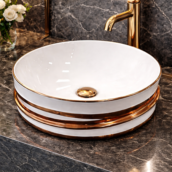 Bassino Luxury Round Ceramic Countertop Wash Basin with Premium Gold Accents