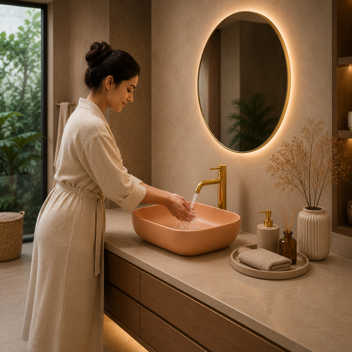 Bassino Matte Peach Countertop Wash Basin – Modern Ceramic Vessel Sink (17.9" x 12.8" x 5.5")