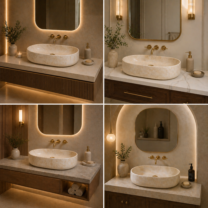 Bassino Marble Finish Ceramic Oval Countertop Wash Basin – Luxury Vessel Sink (22" x 14" x 6")