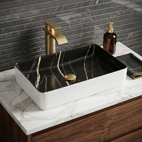 Bassino Luxury Rectangular Countertop Wash Basin – Black Marble Finish Ceramic Vessel Sink (23.6" x 13.8" x 4.3")