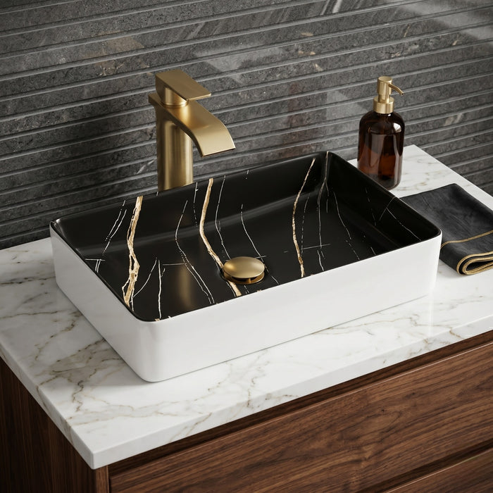 Bassino Luxury Rectangular Countertop Wash Basin – Black Marble Finish Ceramic Vessel Sink (23.6" x 13.8" x 4.3")