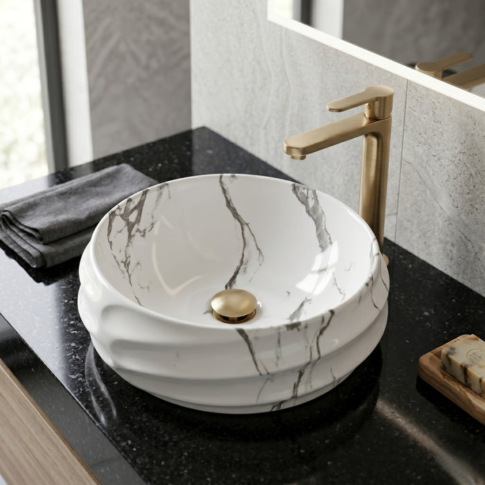Bassino Round Marble Texture Countertop Wash Basin – Premium Ceramic Vessel Sink (17.9" x 15" x 6.7")