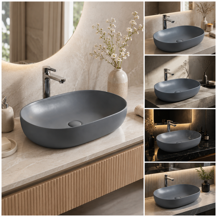 Designer Oval Countertop Wash Basin | (24" × 17" × 6" IN) Matte Finish Bathroom Sink Blue