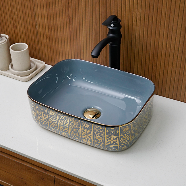 Designer Table Top Basin (16 x 12 x 6 In) BTT-11371-IN,Grey-Gold