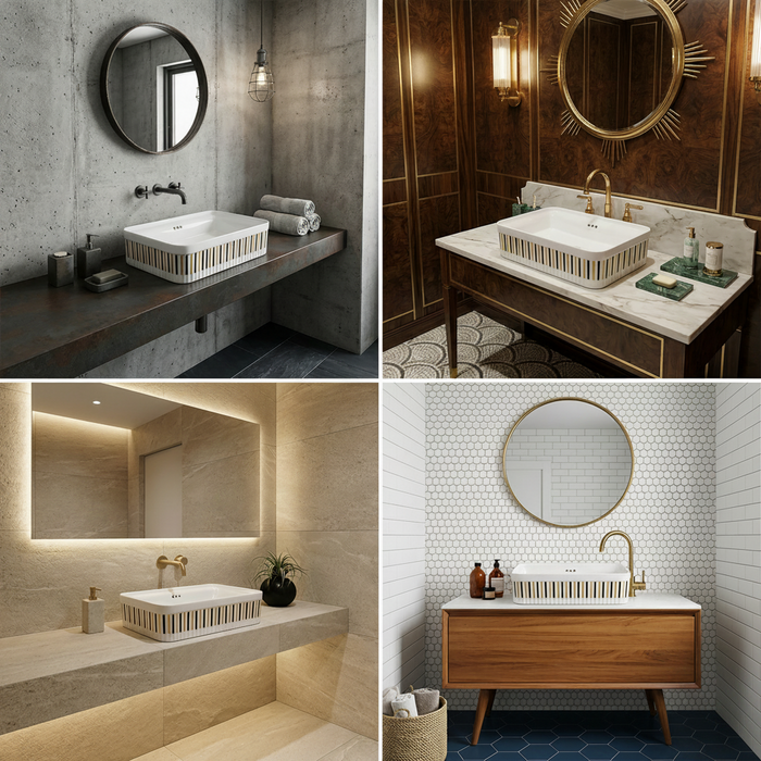 Luxury Rectangular Ceramic Counter Top Wash Basin | Gloss Ceramic Basin | 24x14x6 inch | White With Vertical Striped