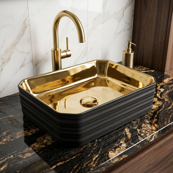 Bassino Luxury Gold Finish Countertop Wash Basin – Premium Black & Gold Ceramic Vessel Sink (18.1" x 13.4" x 4.7")