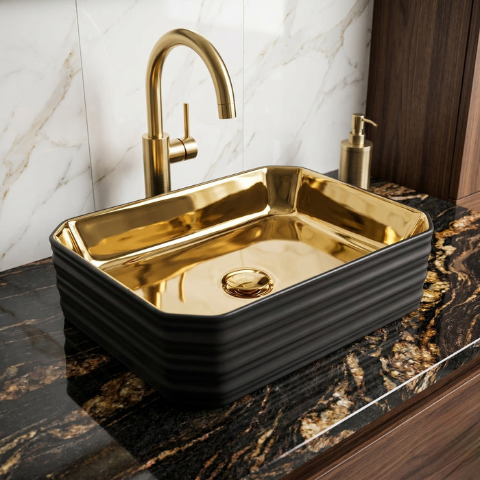 Bassino Luxury Gold Finish Countertop Wash Basin – Premium Black & Gold Ceramic Vessel Sink (18.1" x 13.4" x 4.7")