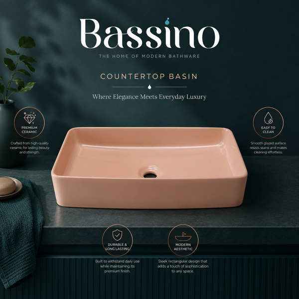 Bassino 24" Matte Pink Ceramic Countertop Wash Basin – Modern Rectangular Vessel Sink (24" x 14" x 5")