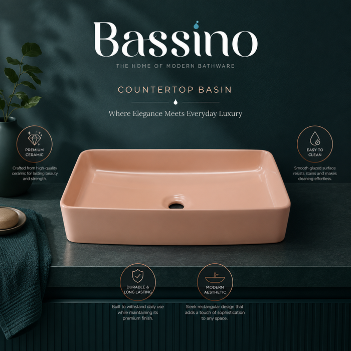 Bassino 24" Matte Pink Ceramic Countertop Wash Basin – Modern Rectangular Vessel Sink (24" x 14" x 5")