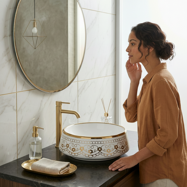 Luxury Round Ceramic Basin | Gloss Counter Top Wash Basin | 16x16x6 inch | White With Gold Detailing