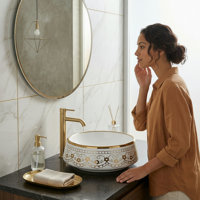 Luxury Round Ceramic Basin | Gloss Counter Top Wash Basin | 16x16x6 inch | White With Gold Detailing