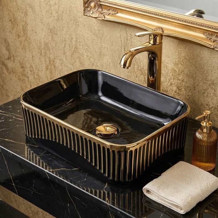 Bassino Black & Gold Ceramic Countertop Wash Basin – Luxury Rectangular Vessel Sink (20" x 13" x 6")