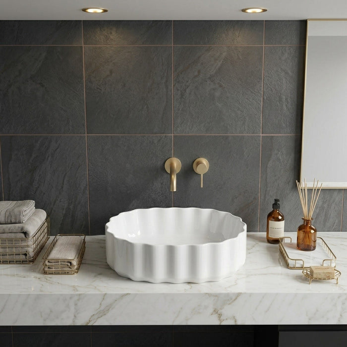 Bassino White Fluted Oval Countertop Wash Basin – Modern Ceramic Vessel Sink (19" x 13" x 6")