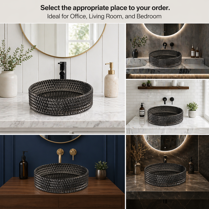 Bassino Modern Transparent Glass Wash Basin | Stylish Countertop Wash Basin for Bathroom–360x360x120 mm Black