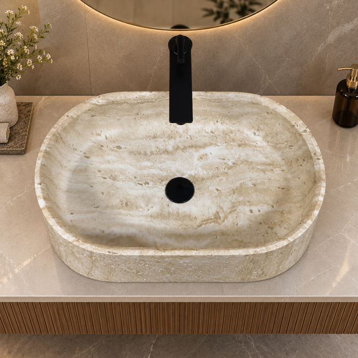 600x380x150 mm beige artificial stone table top wash basin with matte natural stone finish, rounded rectangular countertop basin for modern luxury bathroom.