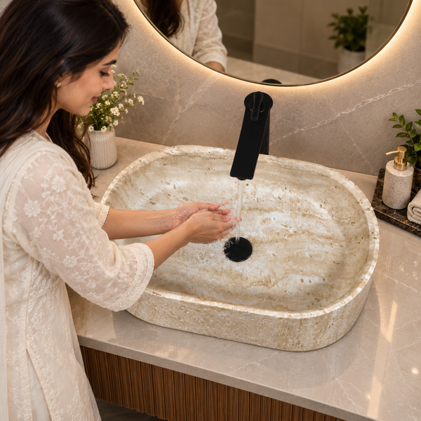 Beige Artificial Stone Table Top Wash Basin – Matte Finish | 24x15x6 Inch Designer Countertop Basin