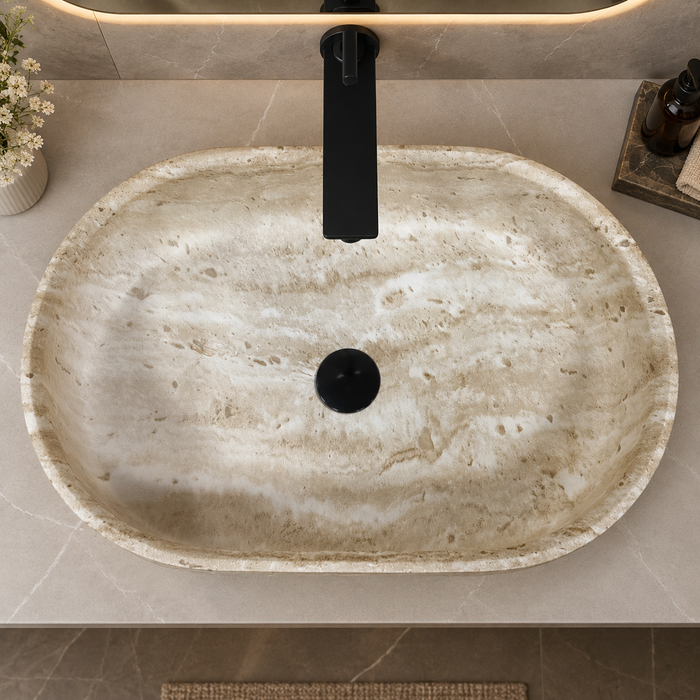 600x380x150 mm beige artificial stone table top wash basin with matte natural stone finish, rounded rectangular countertop basin for modern luxury bathroom.