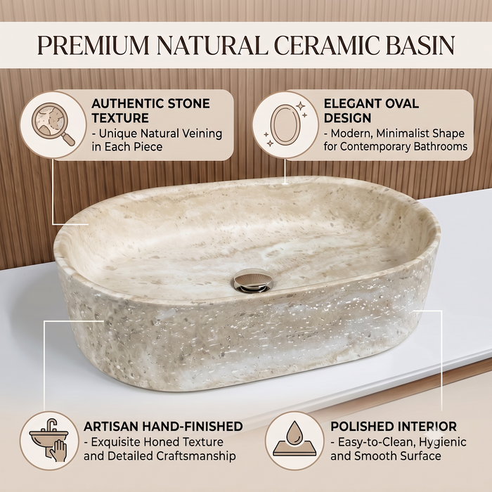 600x380x150 mm beige artificial stone table top wash basin with matte natural stone finish, rounded rectangular countertop basin for modern luxury bathroom.