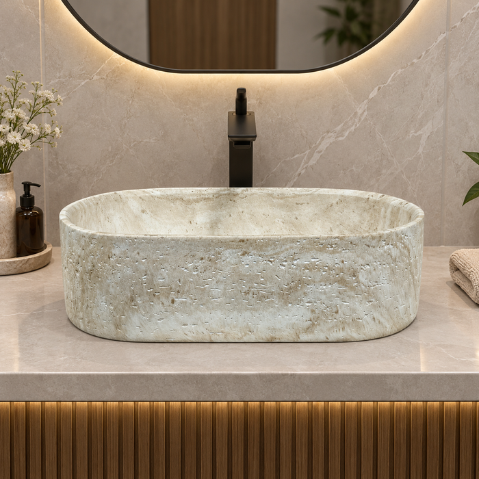 600x380x150 mm beige artificial stone table top wash basin with matte natural stone finish, rounded rectangular countertop basin for modern luxury bathroom.