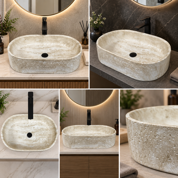 600x380x150 mm beige artificial stone table top wash basin with matte natural stone finish, rounded rectangular countertop basin for modern luxury bathroom.