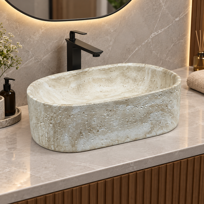 600x380x150 mm beige artificial stone table top wash basin with matte natural stone finish, rounded rectangular countertop basin for modern luxury bathroom.