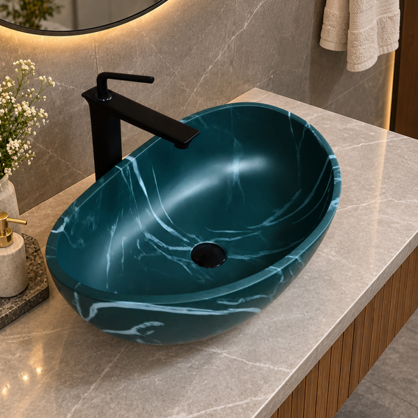 Green Artificial Stone Table Top Wash Basin – Matte Finish | 24x15x8 Inch Marble Look Designer Countertop Basin