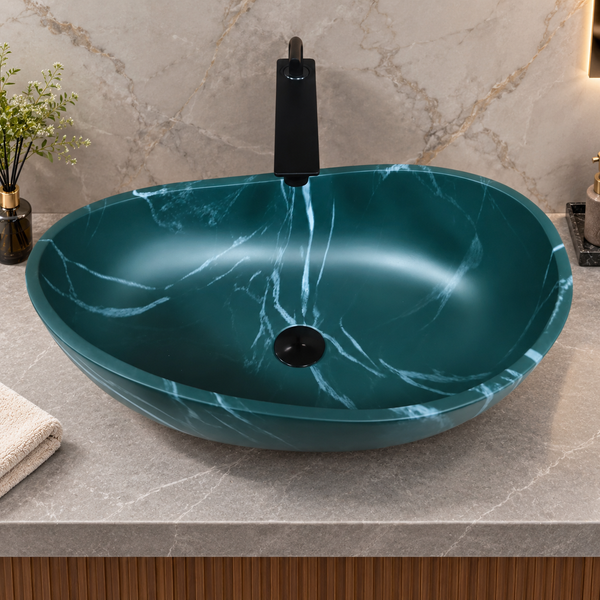 Green Artificial Stone Table Top Wash Basin – Matte Finish | 24x15x8 Inch Marble Look Designer Countertop Basin
