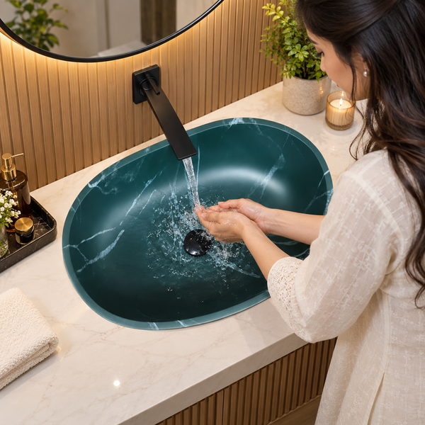 Green Artificial Stone Table Top Wash Basin – Matte Finish | 24x15x8 Inch Marble Look Designer Countertop Basin