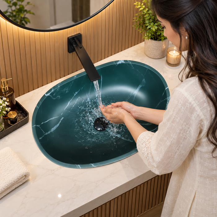 600x380x200 mm deep green artificial stone table top wash basin with matte finish, white marble-style veining and sculpted oval design for modern luxury bathrooms.