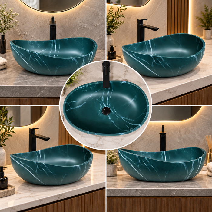 600x380x200 mm deep green artificial stone table top wash basin with matte finish, white marble-style veining and sculpted oval design for modern luxury bathrooms.