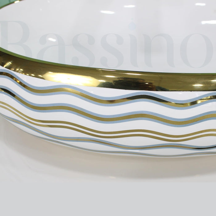 BASSINO Art Ceramic Wash Basin for Bathroom, Living Room, Hall, Dinning Room/Decorative Tabletop Sink for Kitchen/Countertop Vessel Sink for Hotels-White Gold,(24x16x6 Inch)