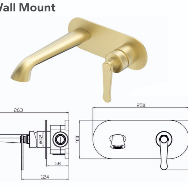 BASSINO Luxury Wall Mount Basin Mixer Tap Modern Concealed Bathroom Faucet 5 Years Warranty Brushed Gold