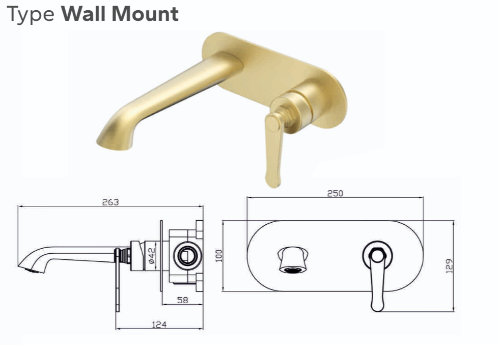 BASSINO Luxury Wall Mount Basin Mixer Tap Modern Concealed Bathroom Faucet 5 Years Warranty Brushed Gold