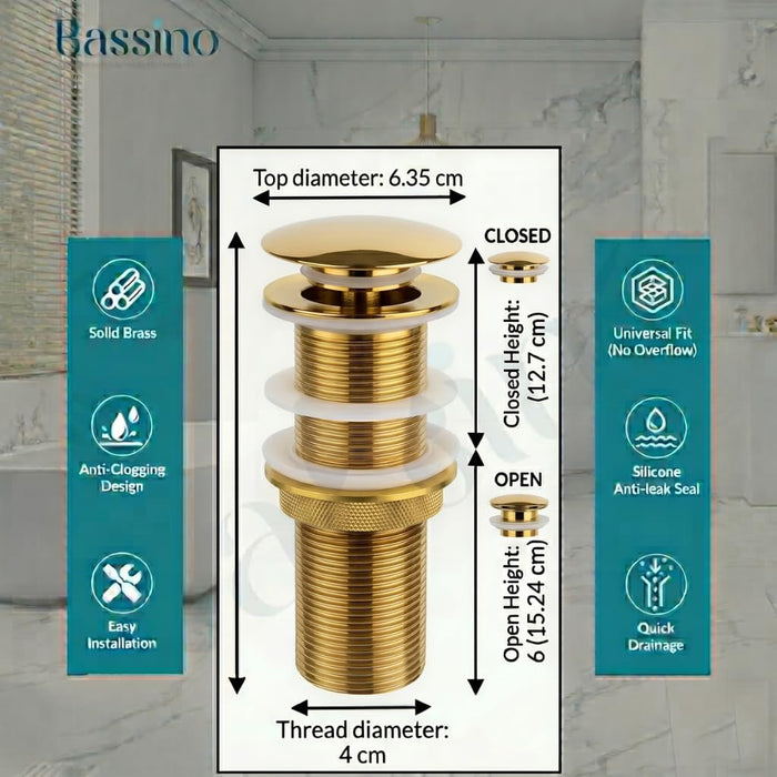 5" Gold Glossy Brass Pop Up Full Thread Waste Coupling 32 MM
