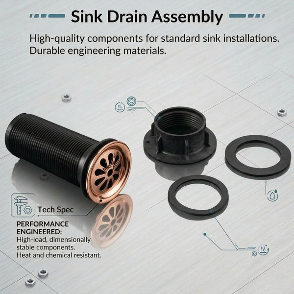 BASSINO 6 Inch Basin Waste Coupling Nylon Thread Body with Brass Jali Head/Heavy Duty Bathroom Sink Drain for Wash Basin Universal Fit Drain(Rose Gold)