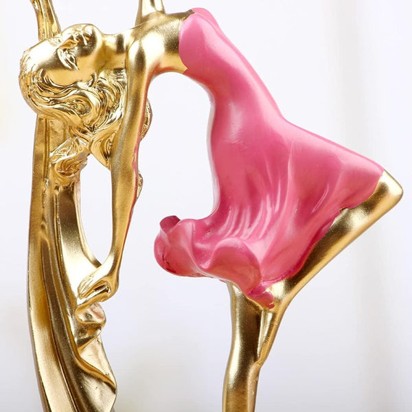 Elegant Golden Dancer Sculpture with Flowing Pink Dress – Modern Art Figurine for Home Decor (BSP-1230) L 11 W 6 H 21 CM