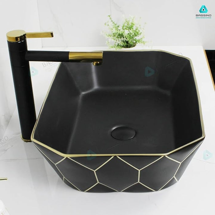 Premium Black Gold Ceramic Table Top Basin (20x14x6 In) BTT-1377