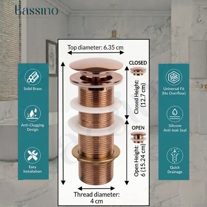 5" Rose Gold Glossy Brass Pop Up Full Thread Waste Coupling 32 MM