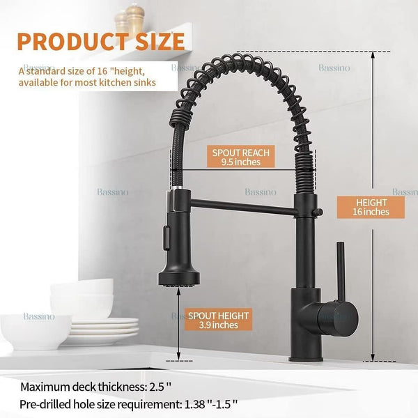 BASSINO Kitchen Faucet Brass Single Lever Kitchen Sink Tap Faucet Mixer Tap Pullout Sprayer with Multi-Function Spray Head Technology Sink Faucet 360° Rotatable Kitchen Water Tap (Black) BTT-2100