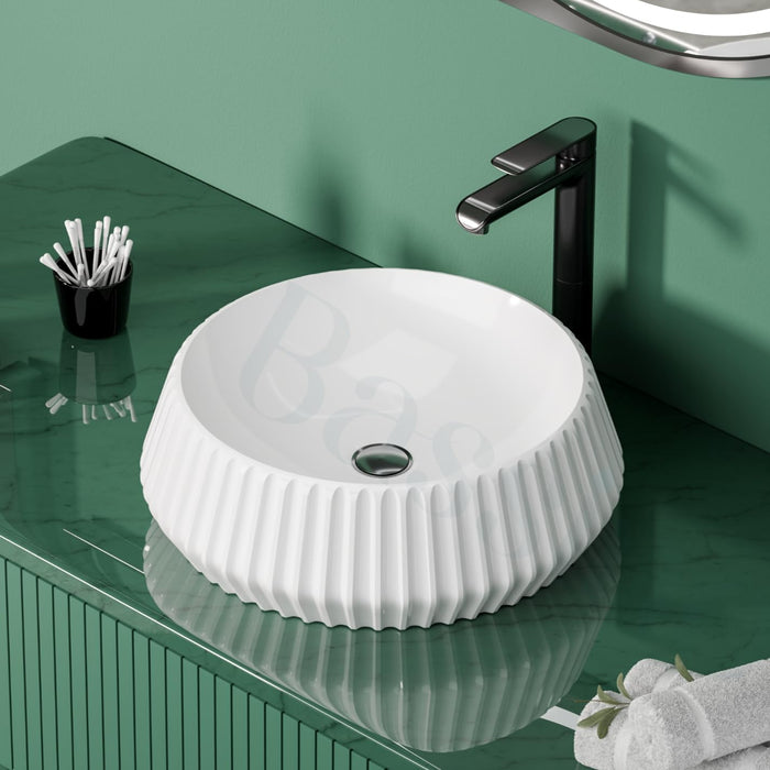 Premium Ceramic Table Top Wash Basin, White Glossy Finish (16 × 16 × 5.5 In) BTT-W54