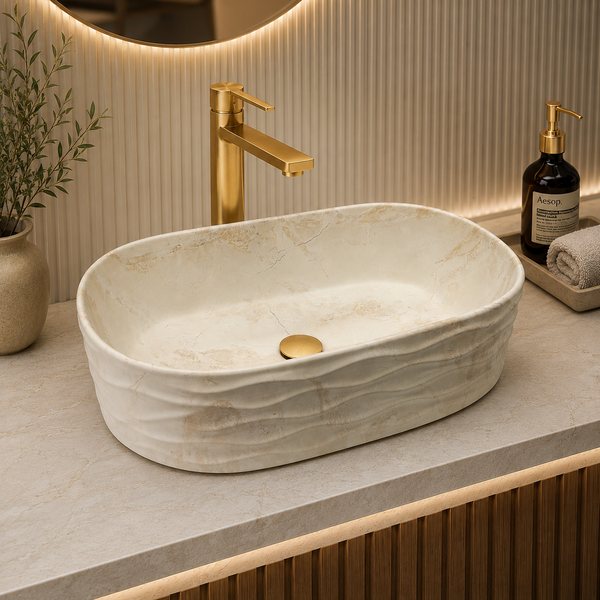Bassino 20" Marble Finish Oval Ceramic Countertop Wash Basin – Designer Vessel Sink (20" x 12" x 6")