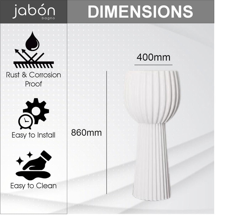 Product dimensions and features displayed on a white background with 'jabón' branding.