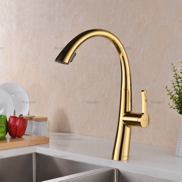 Brass Kitchen Faucet Luxury Design Pull Out Kitchen Faucet Tap Single Hole 360° Rotatable/Dual Water Flow System Kitchen Sink Tap Faucet (Gold) BTT-2104