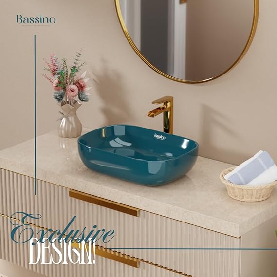 Modern Teal Blue Ceramic Table Top Wash Basin (18x13x5.5 In) BTT-11399-IN