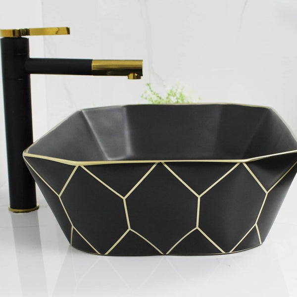 Premium Black Gold Ceramic Table Top Basin (20x14x6 In) BTT-1377