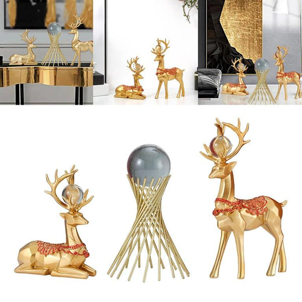 Golden Reindeer Decor Set with Crystal Ball Centerpiece – Luxury Festive & Home Tabletop Decoration (Set of 3)